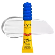 Die Tube des NYX Professional Makeup x The Simpsons „Marge Simpson Mega Glue“ 2-in-1 Brow & Hair Styler vor einem transparenten Gel-Abstrich.