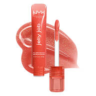 Tube und Applikator des Jelly Job Lipglosses von NYX Professional Make-up vor einem Klecks des Produkts