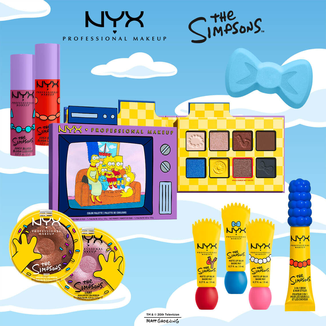 Eine farbenfrohe Produktubersicht der NYX x The Simpsons Make-up-Kollektion, inklusive Lidschattenpaletten im TV-Design, Lippenbalsamen und Highlightern.