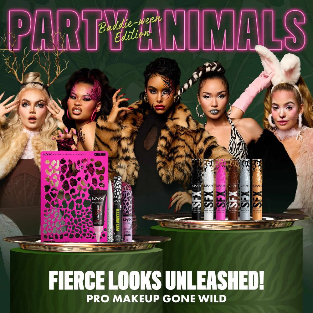 NYX Professional Makeup Party Animals Kollektion, prasentiert mit Models in tierinspiriertem Make-up neben den Produkten der limitierten Kollektion.