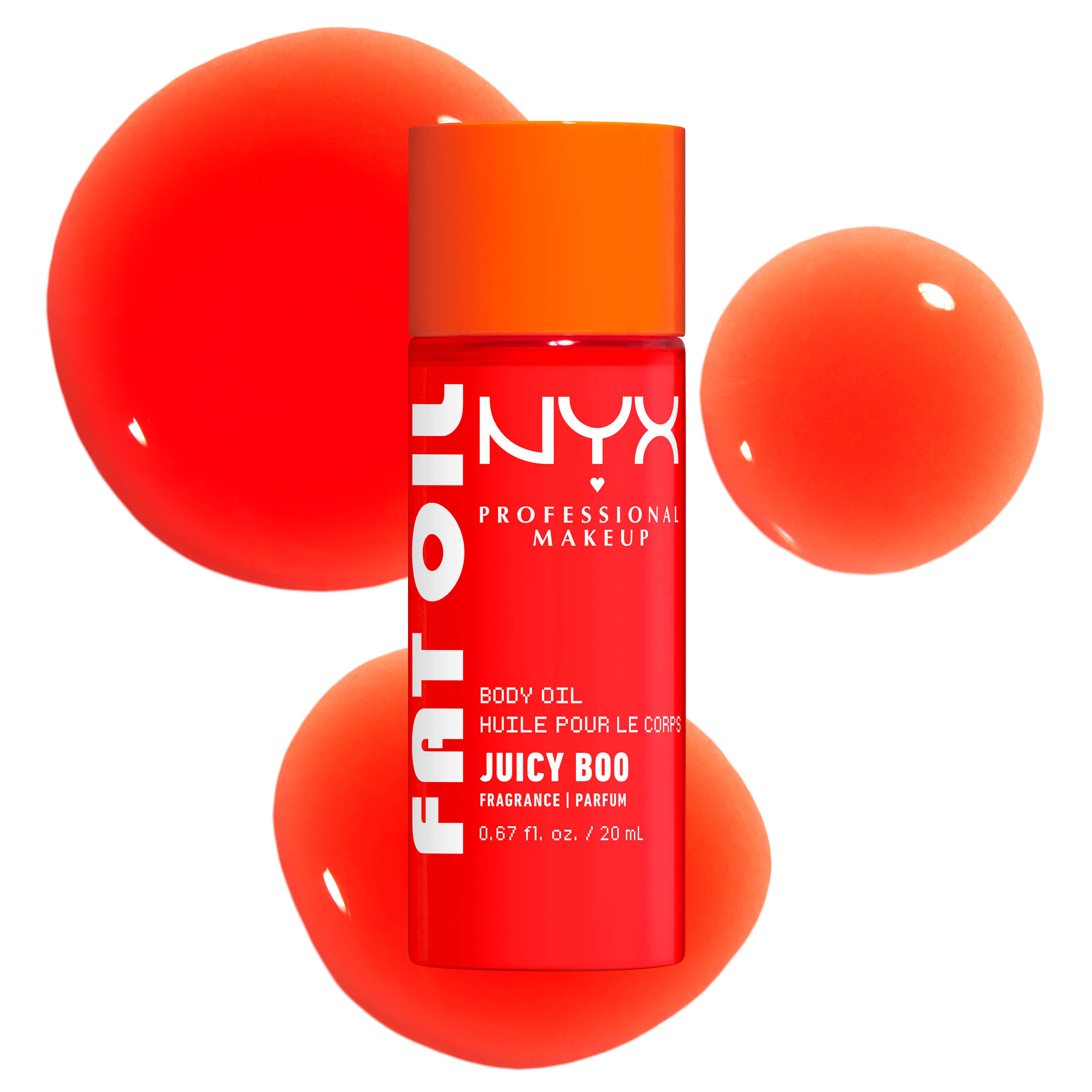 Die Frontalansicht der NYX Juicy Boo Fat Oil Body Oil Pumpflasche mit drei dekorativen roten Oltropfen im Hintergrund.