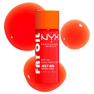 Die Frontalansicht der NYX Juicy Boo Fat Oil Body Oil Pumpflasche mit drei dekorativen roten Oltropfen im Hintergrund.