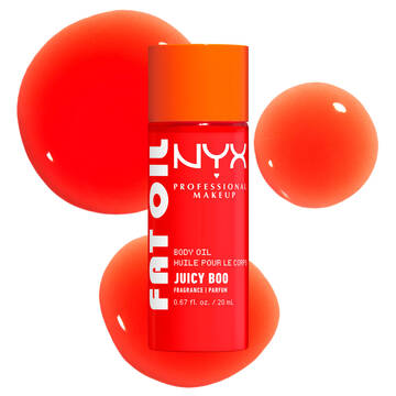 Die Frontalansicht der NYX Juicy Boo Fat Oil Body Oil Pumpflasche mit drei dekorativen roten Oltropfen im Hintergrund.