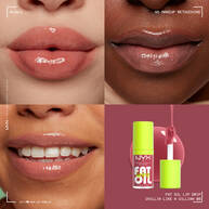 4 Bilder: Drei Lippen in verschiedenen Hauttonen geschminkt mit Lipgloss und der entsprechende Fat Oil Lip Drip Lipgloss