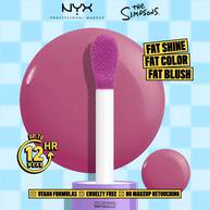 Ein Blush Applikator der Simpsons-Kollektion,und das Versprechen auf 12 Stunden Halt vor blau-weiß kariertem Hintergrund zeigt.