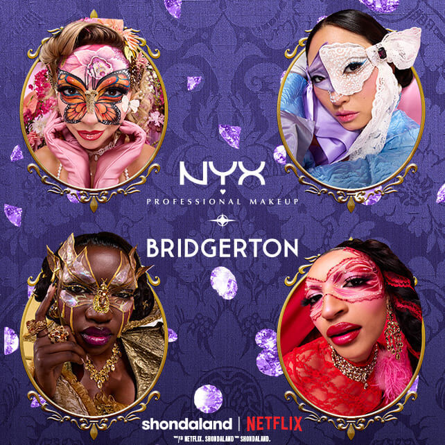 Vier runde Portrats von verschiedenen Personen mit aufwendigem, kunstlerischem Make-up und Masken, die eine skurrile Koniglichkeit ausstrahlen. Die Logos von NYX Professional Makeup, Bridgerton und Shondaland | Netflix sind auf einem violetten, diamantbesetzten Hintergrund zu sehen.