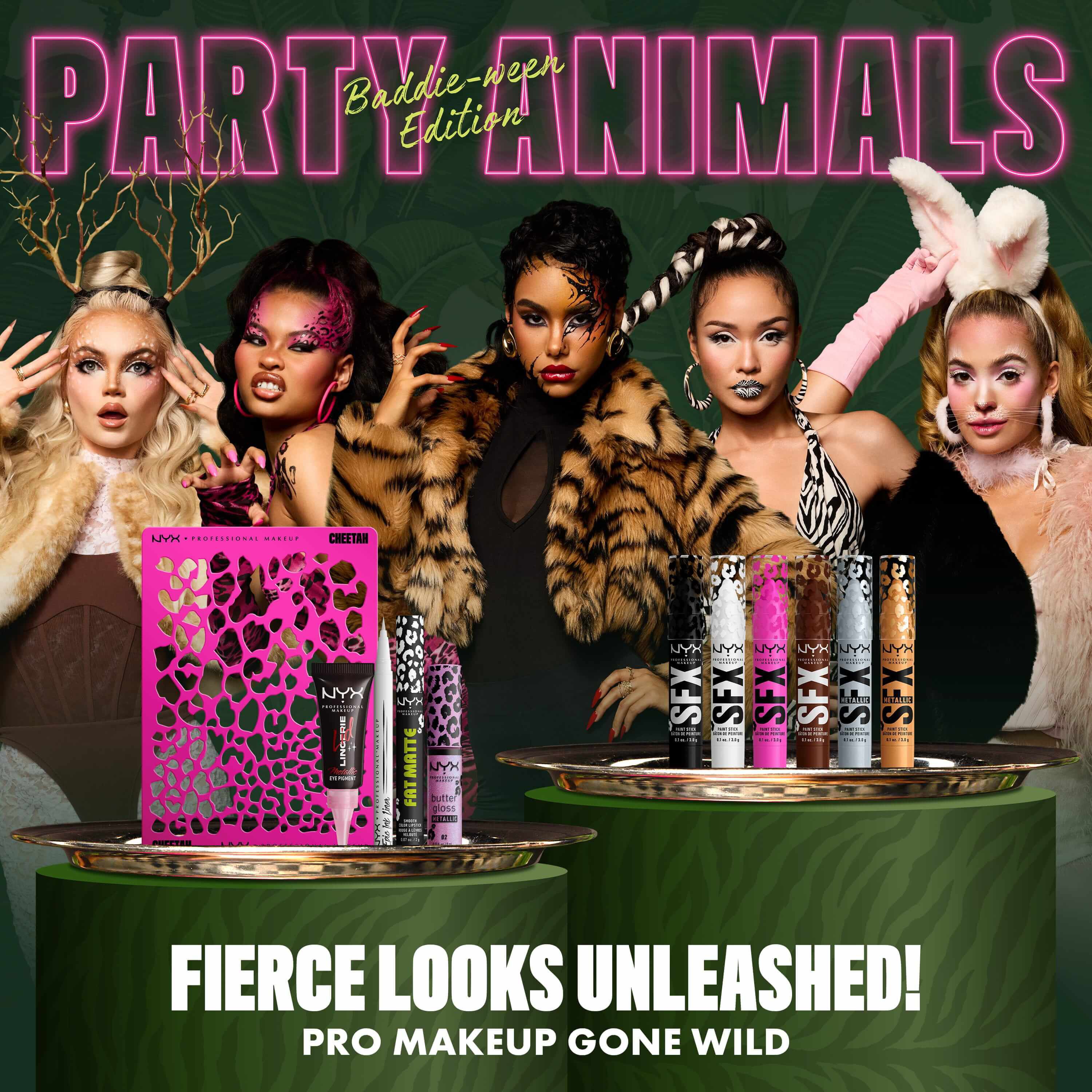 NYX Professional Makeup Party Animals Kollektion, prasentiert mit Models in tierinspiriertem Make-up neben den Produkten der limitierten Kollektion.