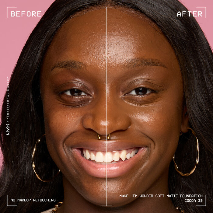 Vorher-Nachher-Bild vom Gesicht einer lachelnden Person mit und ohne Make 'Em Wonder Foundation