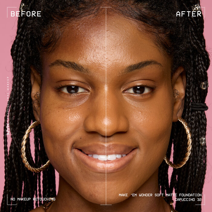 Vorher-Nachher-Bild vom Gesicht einer lachelnden Person mit und ohne Make 'Em Wonder Foundation