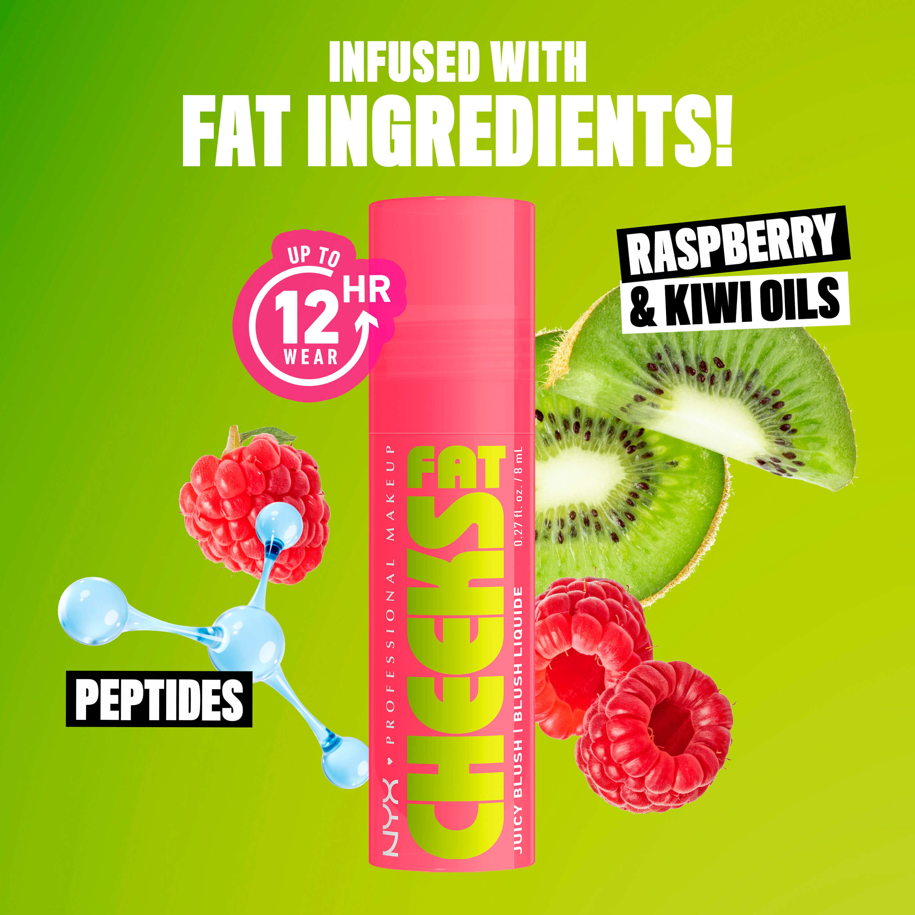 Fat Cheeks Juicy Blush von NYX Professional Makeup mit Auflistung der besonderen Inhaltsstoffe: Kiwi- und Himbeerole sowie Peptide