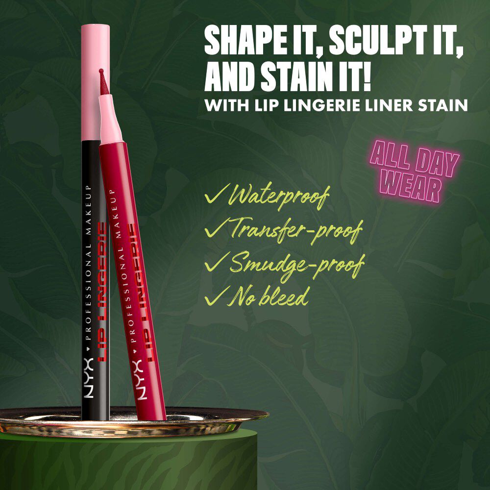 NYX Professional Makeup Lip Lingerie Lip Liner Stain in der Nuance 13 Tied Up, abgebildet mit Text zu den Produktvorteilen: wasserfest, abriebfest, wischfest, lauft nicht aus und halt den ganzen Tag.