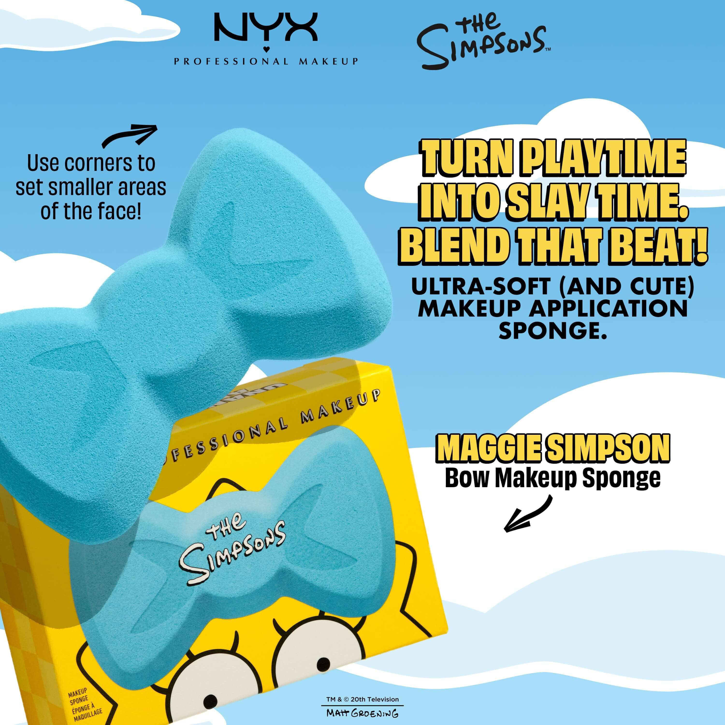 Eine Grafik fur den Maggie Simpson Bow Makeup Sponge mit Slogans und Anwendungshinweisen vor einem comicartigen Wolkenhimmel.