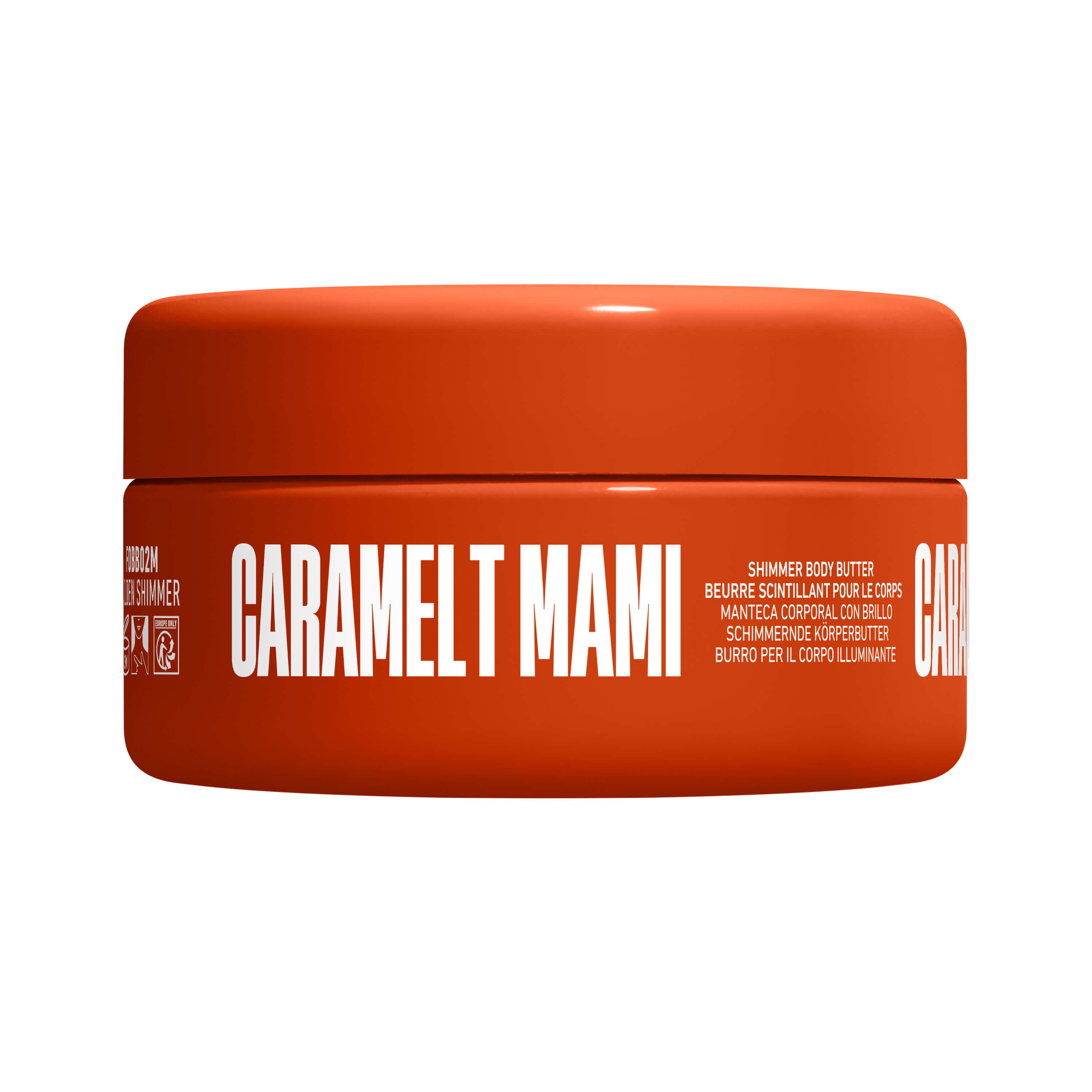 Die geschlossene Ansicht des orangefarbenen NYX Fat Oil Body Butter Tiegels der Sorte „Caramelt Mami“.