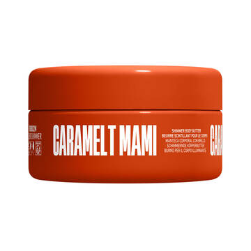 Die geschlossene Ansicht des orangefarbenen NYX Fat Oil Body Butter Tiegels der Sorte „Caramelt Mami“.