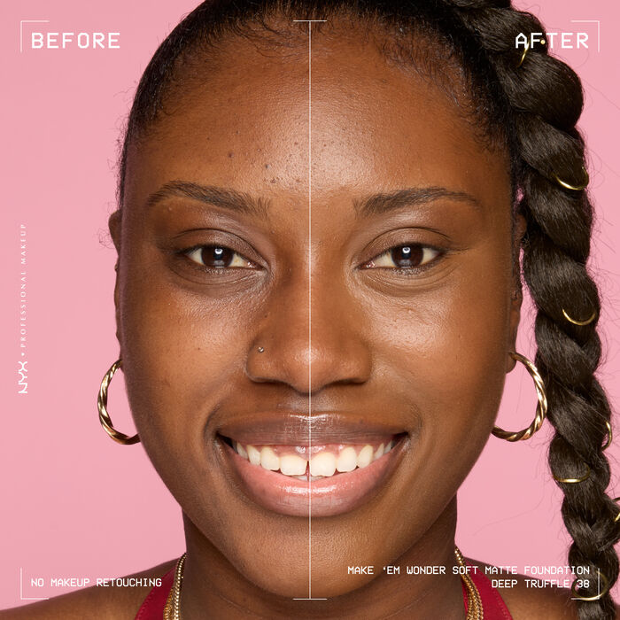 Vorher-Nachher-Bild vom Gesicht einer lachelnden Person mit und ohne Make 'Em Wonder Foundation