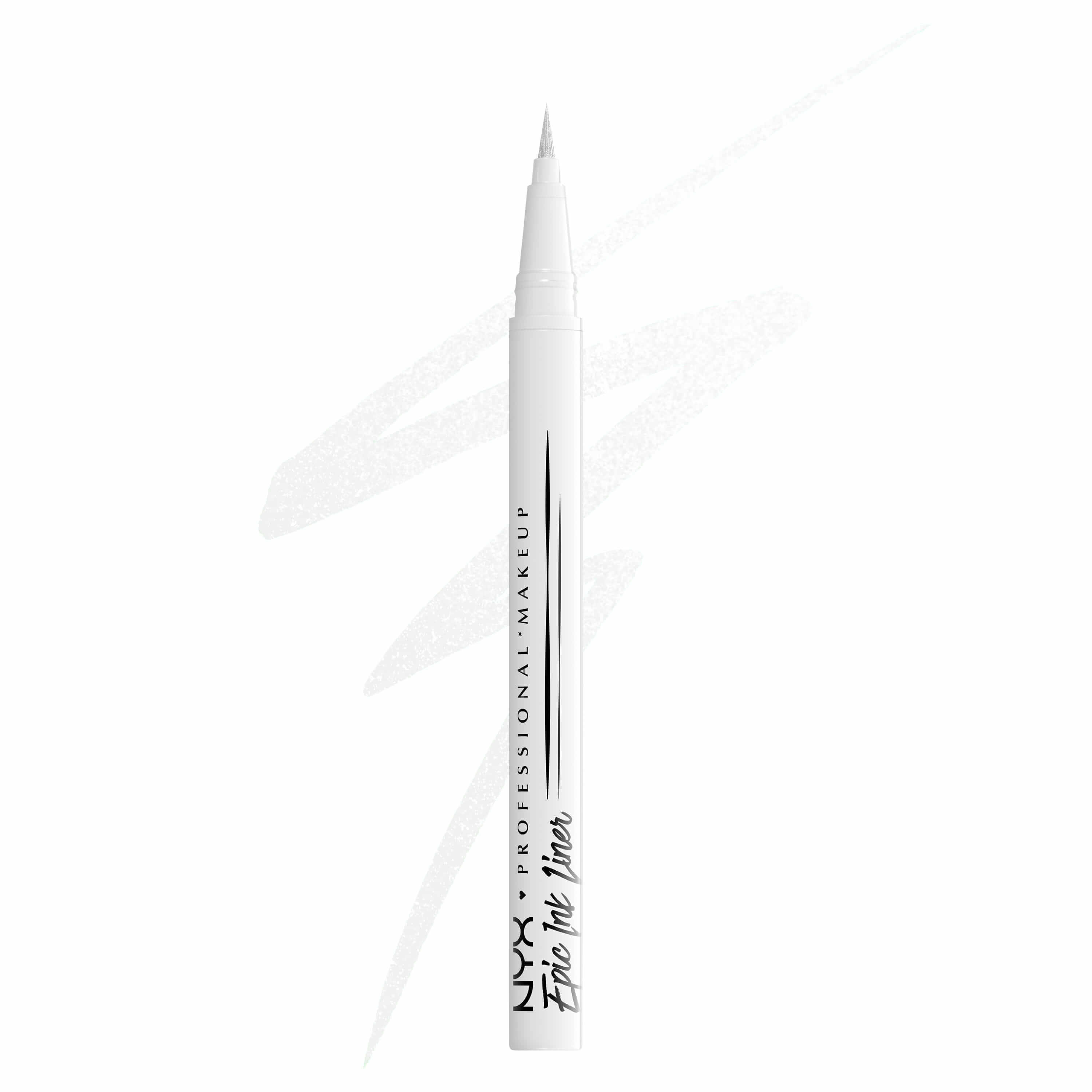 NYX Professional Makeup Party Animals Epic Ink Liner in der Nuance Phantom Lines, ein weißer Eyeliner-Pen, abgebildet mit weißen Linien-Swatches.
