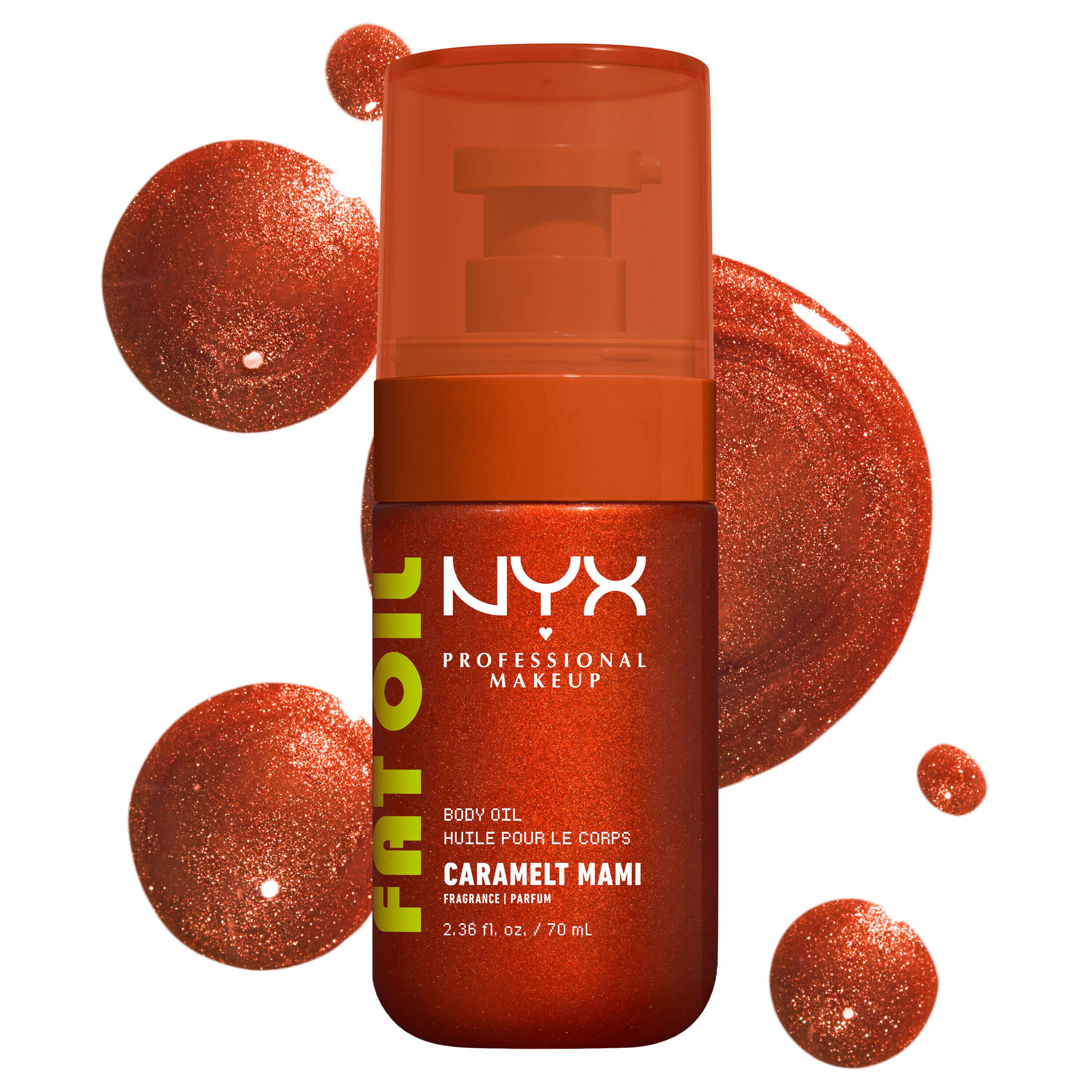 Die Frontalansicht der NYX Caramelt Mami Fat Oil Body Oil Pumpflasche mit drei dekorativen Oltropfen im Hintergrund.