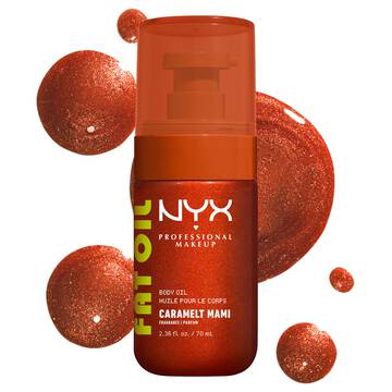 Die Frontalansicht der NYX Caramelt Mami Fat Oil Body Oil Pumpflasche mit drei dekorativen Oltropfen im Hintergrund.