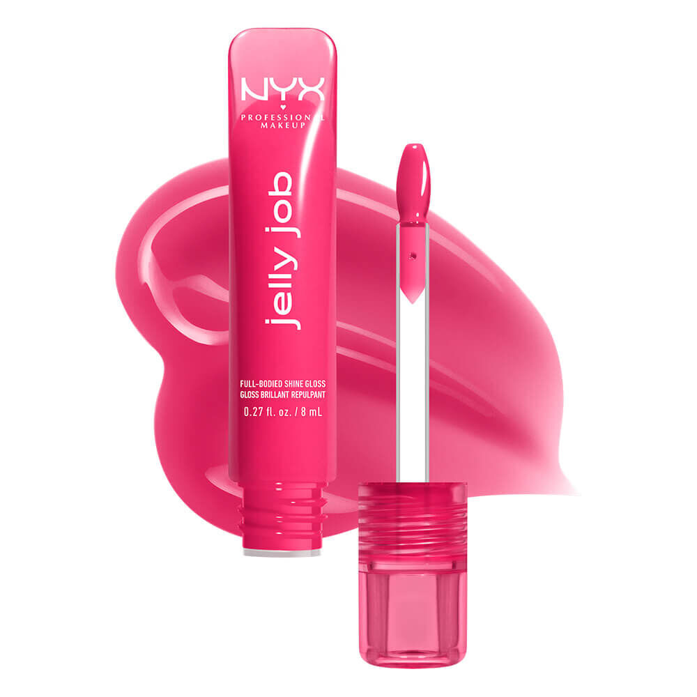 Ein Bild von der Produktverpackung eines Lipglosses von NYX Professional Makeup und daneben ist der Applikator des Lipglosses zu sehen. Hinter beidem ist die Textur des Produktes platziert. Es ist ein weißer Hintegrund fur das gesamte Bild gewahlt worden.