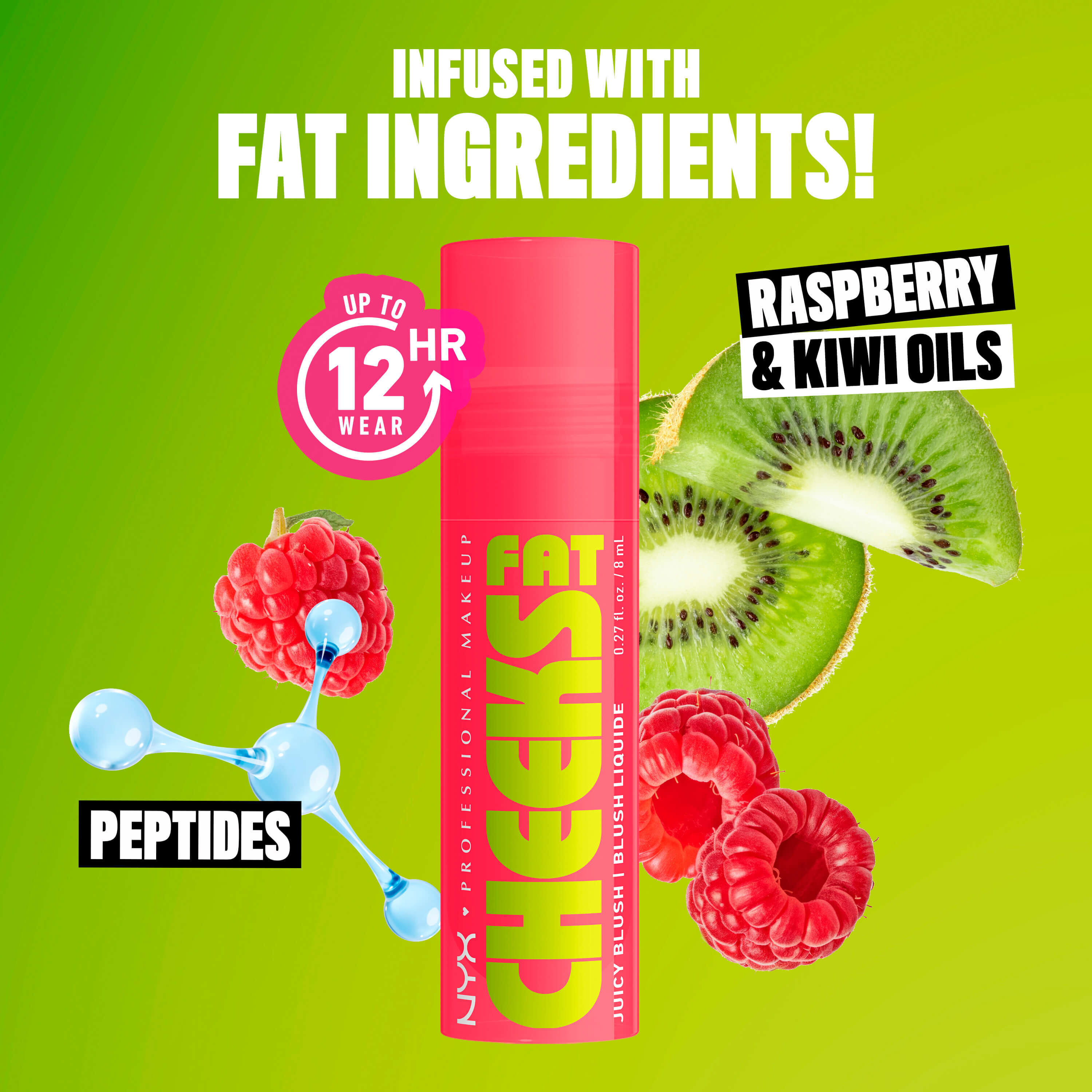 Fat Cheeks Juicy Blush von NYX Professional Makeup mit Auflistung der besonderen Inhaltsstoffe: Kiwi- und Himbeerole sowie Peptide