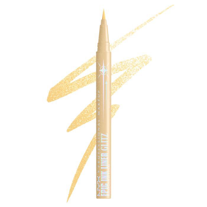 Goldener Eyeliner-Stift diagonal auf weißem Hintergrund, daneben ein passender Farbstrich. Royal Epic Ink Liner Glitz, Farbton 02 Glitzed In Gold.