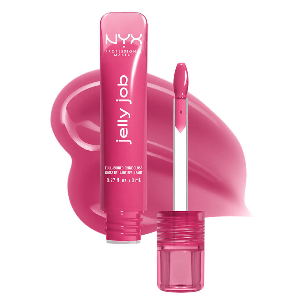 Ein Bild von der Produktverpackung eines Lipglosses von NYX Professional Makeup und daneben ist der Applikator des Lipglosses zu sehen. Hinter beidem ist die Textur des Produktes platziert. Es ist ein weißer Hintegrund fur das gesamte Bild gewahlt worden.