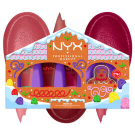 NYX Professional Makeup Holiday Smushy Kit Packshot vor Lebkuchenhaus; zwei Farbmuster in Pink und Rot.