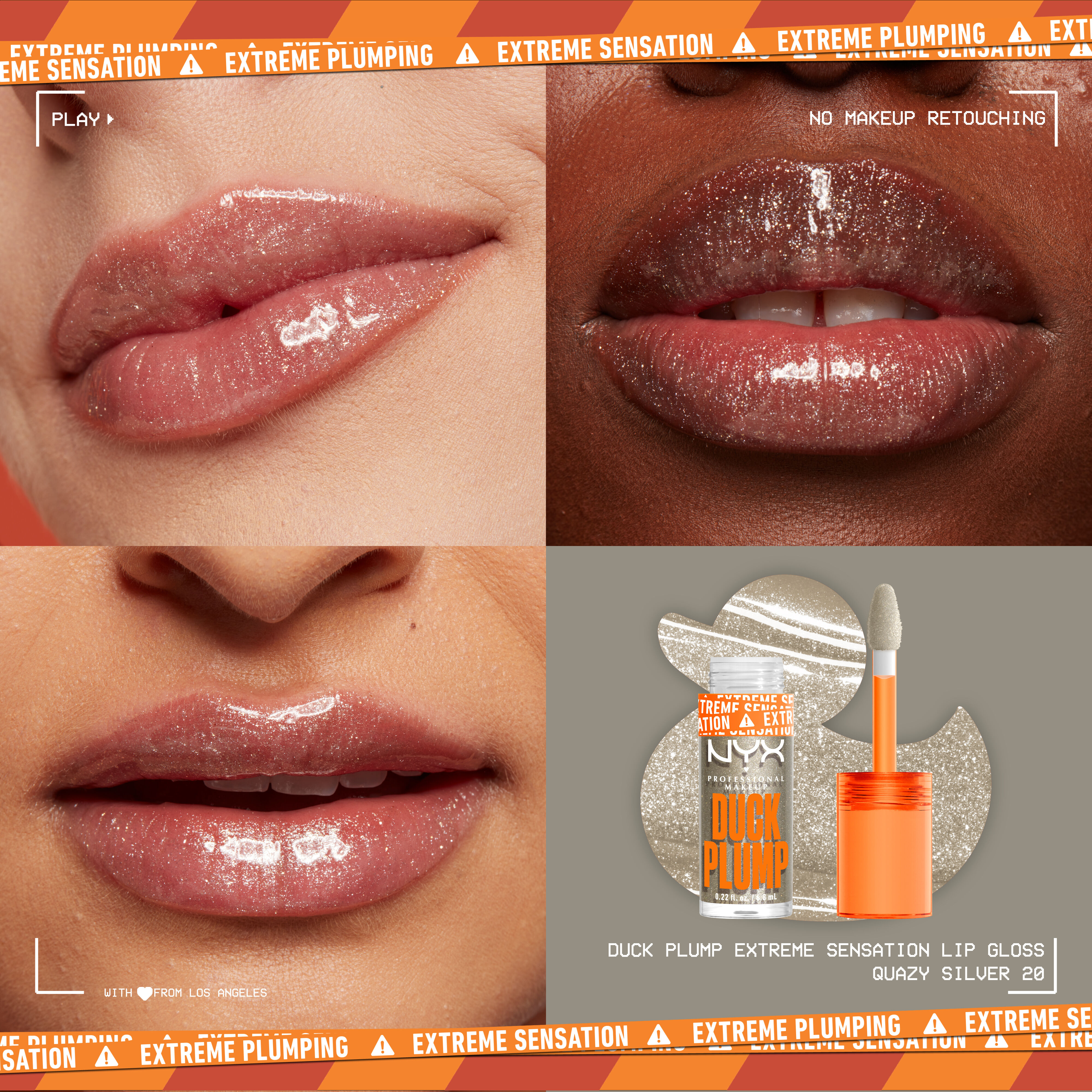 4 Bilder: Drei Lippen in verschiedenen Hauttonen geschminkt mit Lipgloss und der Duck Plump High Pigment Lip Gloss