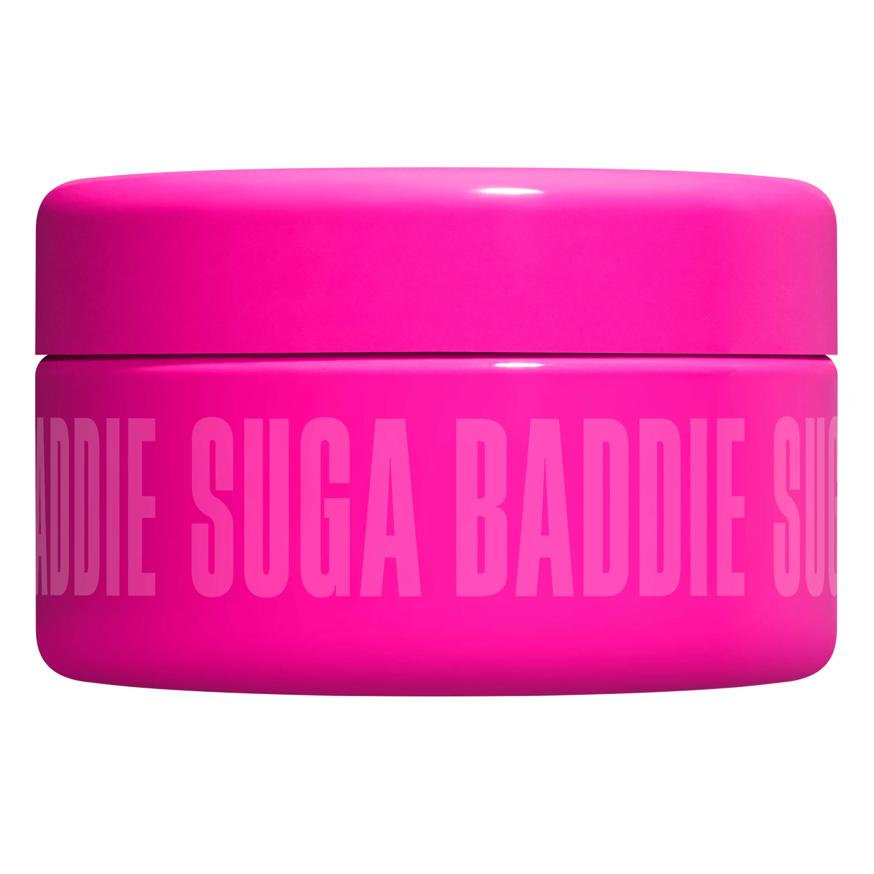 Die geschlossene Ansicht des pinkfarbenen NYX Suga Baddie Fat Oil Body Butter Tiegels.