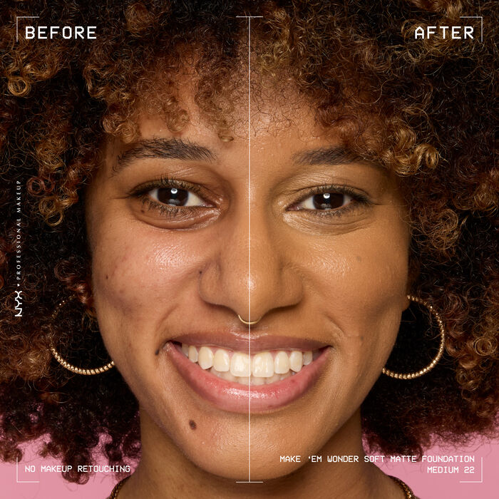 Vorher-Nachher-Bild vom Gesicht einer lachelnden Person mit und ohne Make 'Em Wonder Foundation