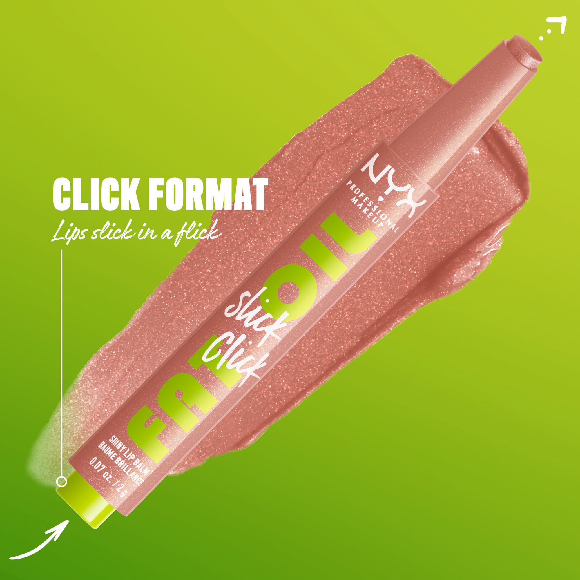 Fat Oil Slick Click Lippenbalsam vor seiner Textur und dem Text: Klick-Format, geschmeidige Lippen im Handumdrehen